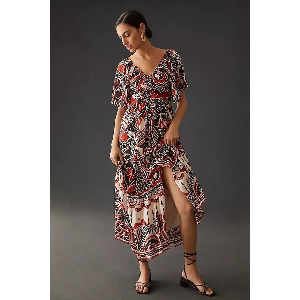 Anthropologie Multicolor Geometric Tiered Cutout Flowy Maxi Dress XS Boho Indie